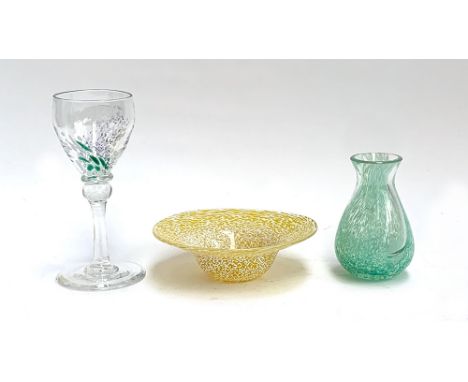 A hand blown Murano style wine glass, 17.5cmH; together with a yellow Murano style dish; and green Caithness styl4e vase