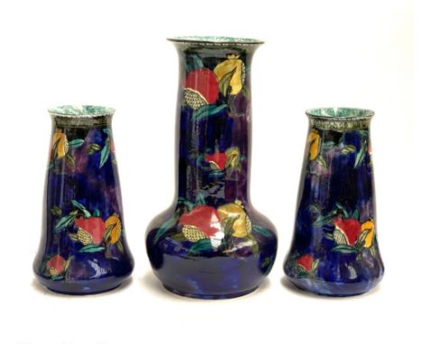 A Hancock &amp; Sons 'Rubens Ware' large 1940s vase with two matching smaller vases, one af, the taller 36cmH, the smaller 25