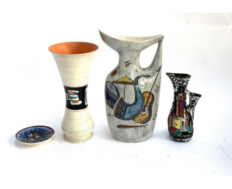 Three mid century vases, the tallest unusually shaped Italian vase depicting instruments and 35cmH; together with a Poole Pot