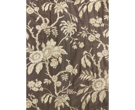 A good pair of barley coloured curtains with Peony design, lined and interlined, 196cm UW, 241cm drop