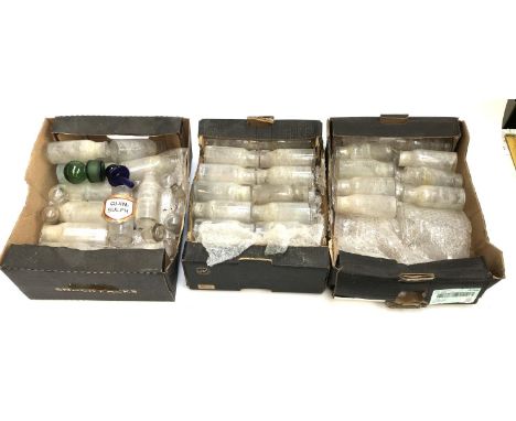 Three boxes of vintage glass bottles, each approx. 12.5cmH, 50+ bottles