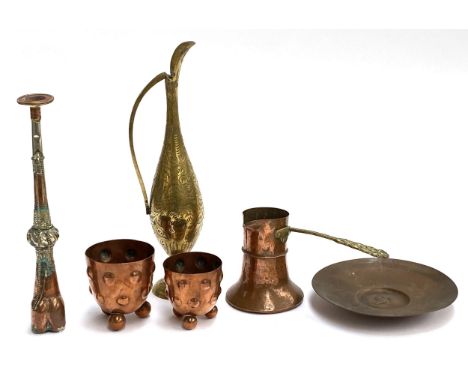 A collection of mainly copper items to include two small pots with bobble pattern and sphere feet; brass vase; opium pipe etc