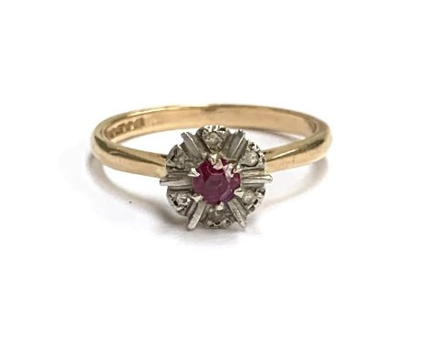 A 9ct gold, ruby and diamond cluster ring, size O, 2.3g