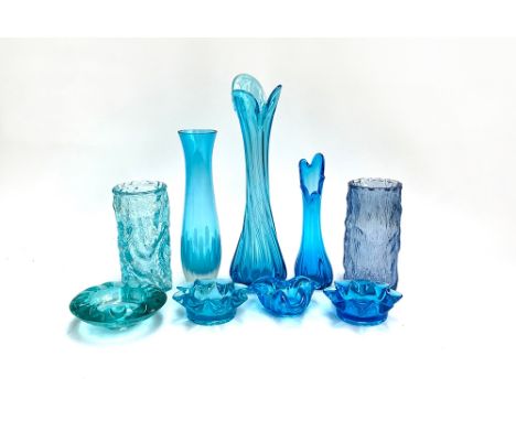 A mixed lot of blue vintage glass to include vases, ashtrays etc, Sklo ashtray; the tallest vase 40cmH