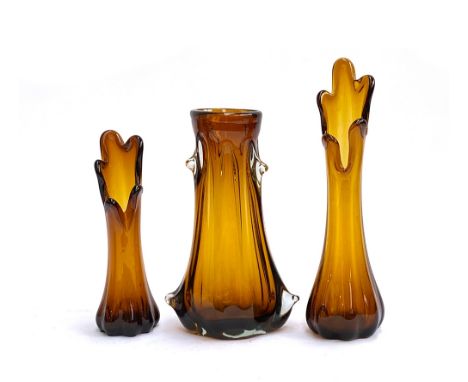 Three vintage Czech amber glass vases, to include a pair, 22cmH and 29cmH (3)