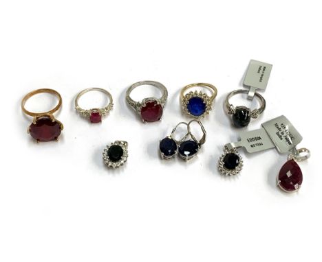 A 9ct gold ring set with a large ruby, 8.3g gross; together with quantity of silver jewellery set with rubies, sapphires, sta