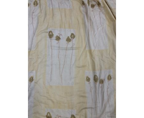 A pair of yellow curtains with white floral panels, lined and interlined, approx. 254cm UW, 195cm drop