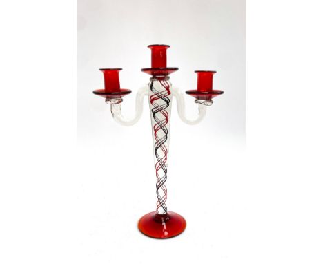 Interior design interest: A mid century art glass three arm candlestick holder with internal spiral pattern, 34cmH