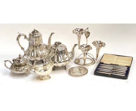 A small lot of silver plated items, to include an Art Nouveau style epergne, matching teapot and coffee pot, a small teapot, 