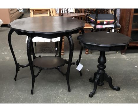 A black painted octagonal occasional table, 82cmD; together with a further black painted tripod table, 59cmH
