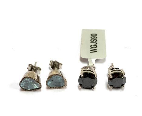 A pair of silver and black diamond stud earrings, each diamond approx. 1.5cts; together with a pair of silk and blue polki di