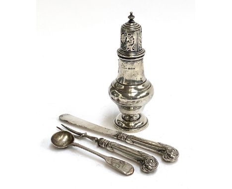 A silver sugar caster, Birmingham 1913, and a silver handled butter knife and fork, weighable silver 2ozt