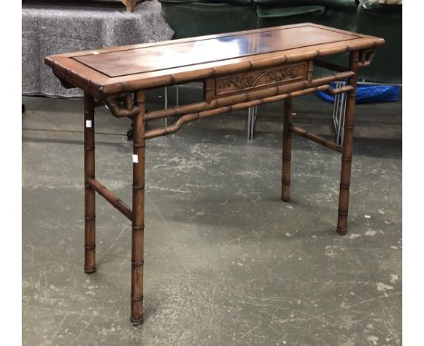 A Chinese hardwood console table, carved as faux bamboo, 114x40x80cmH