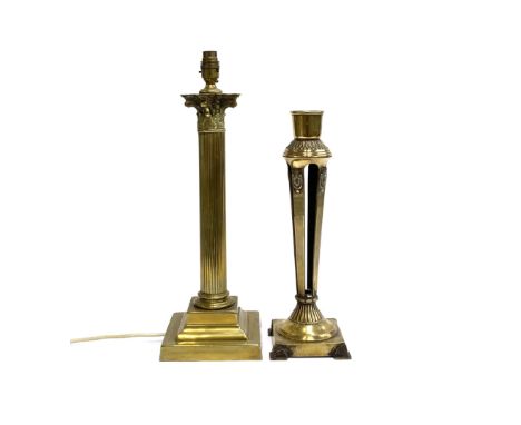 A Corinthian column brass table lamp, on reeded column and square stepped base, 43cm high to base of fitting; together with a