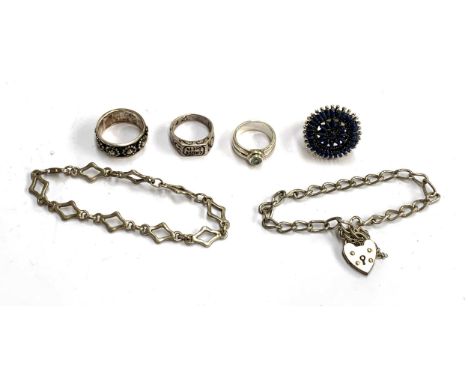 A small quantity of 925 silver jewellery to include curb link bracelet with heart padlock; floral band, size R 1/2, Native Am