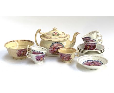 A Victorian part tea service with transferware scenes of Venus stealing cupid bowls, comprising teapot, cups, saucers and sug