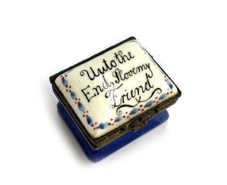 A late 18th century Bilston enamel patch box, 'Unto the End I Love My Friend', 4cmW