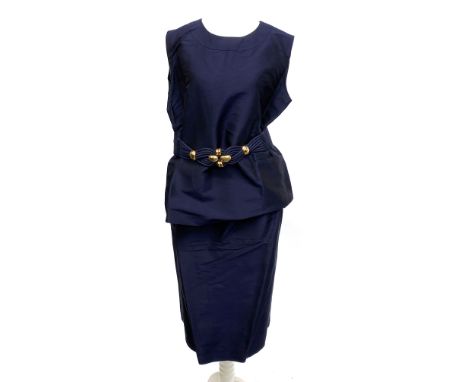 A vintage blue satin ladies skirt, matching sleeveless top and belt