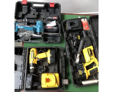 A DeWalt electric drill, a DeWalt battery powered battery drill with charger, a Trend trim route, and a cordless mini chainsa