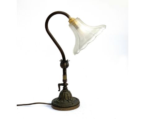 Interior design interest: A gilt metal table lamp with frosted floral shaped glass shade, 42cmH