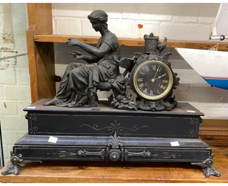 A slate mantel clock with lady and cockerel, 61cmW