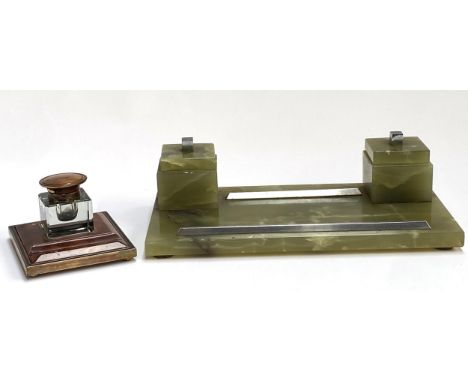 An Art Deco onyx and chrome desk inkwell stand, 30cmW; together with a bakelite style inkwell