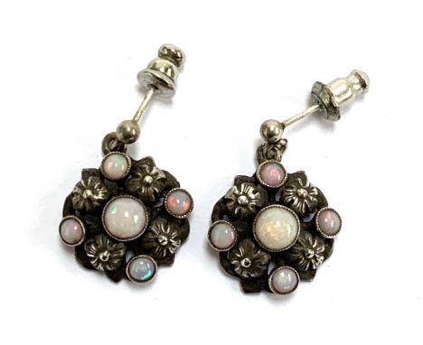 A pair of Austro Hungarian style white metal and opal earrings, 1.5cmD