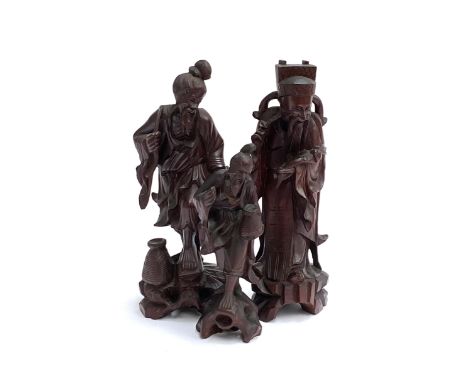 Three vintage Chinese carved wood figures of immortals, 30cmH