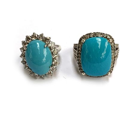Two 925 silver ring set with large sleeping beauty turquoise cabochons, surrounded by natural white zircons, approx. size T a