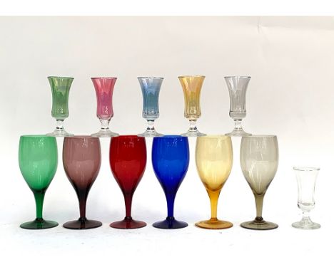A set of six vintage multi coloured wine glasses, 14cmH; together with six smaller glasses, 9cmH