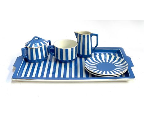 Interior design interest: a blue and white striped Sarreguemines pottery 'Foxtrot' ceramic tray, part tea service etc