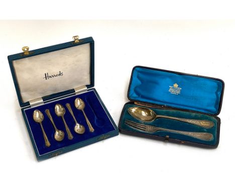 A Victorian christening set by Martin, Hall &amp; Co, comprising spoon and fork; together with five silver coffee spoons, 3.9