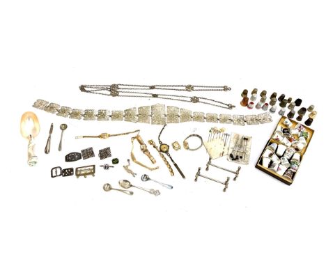 A mixed lot to include silver plated belt; a collection of metal and ceramic thimbles to include Dorcas and Crown Derby; watc