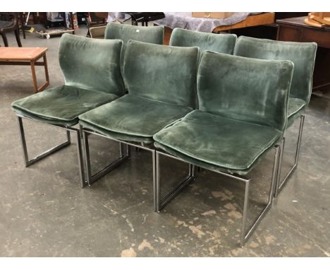 A set of six vintage Pieff chrome and green upholstered chairs cantilevered chairs