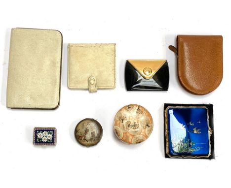 A quantity of vintage compacts, purses, Stratton cigarette case with blue duck decoration etc