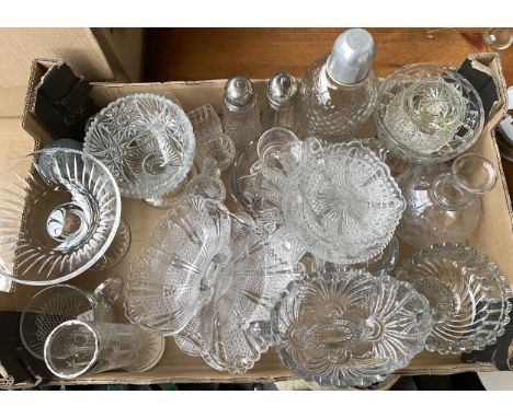A mixed lot of pressed and other glassware to include cocktail shaker; bowls; trough vases; sugar sifter etc