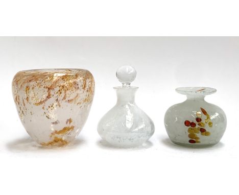 A Mdina bud vase; together with a Caithness white glass bottle and an orange and white art glass vase, 10.5cmH (3)