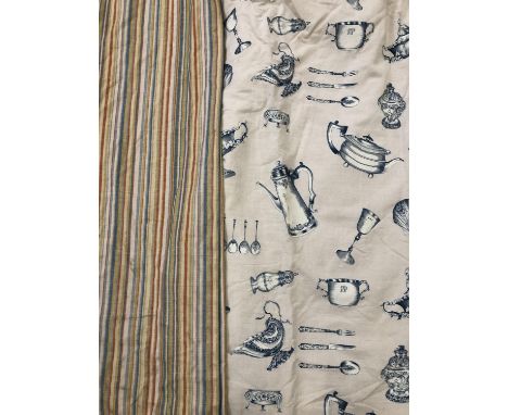 A pair of curtains with kitchenalia design, lined and interlined, approx. 256cm UW, 185cm drop, together with a single double