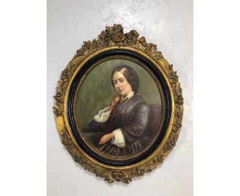 Vintage reproduction print on canvas of a 19th century oil painting, Young Victoria, in a decorative frame, Oval in shape app