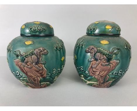 Chinese Ginger jars: Pair of early 20th century oriental Green Ground Lidded Ginger Jars (One Lid with significant repairs) d