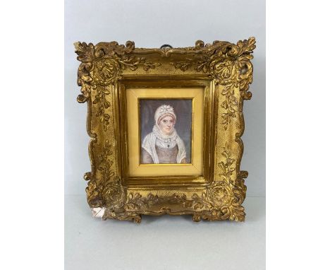 Antique paintings, 19th Century miniature portrait of a distinguished elderly lady (unsigned ) in a gilded gesso frame, paint