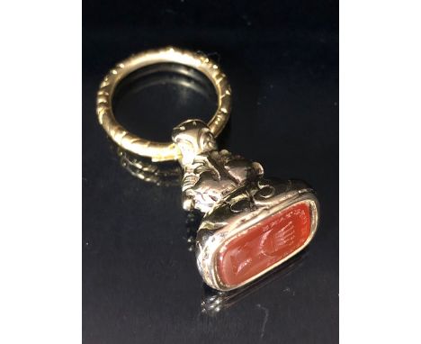 Early 19th Century Gold metal intaglio Fob Seal Acanthous leaf body with spilt ring mount and Carnelian intaglio with cross &