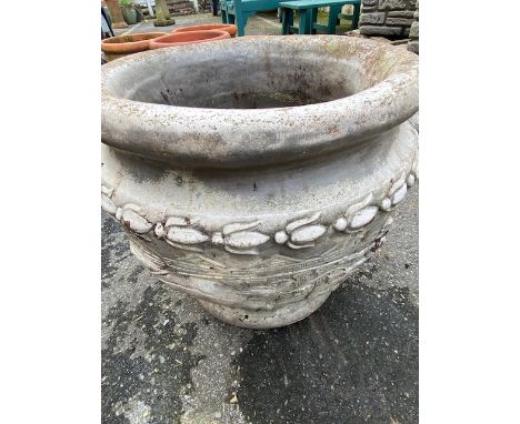 Circular garden planter with scroll decoration, approx 40cm in diameter
