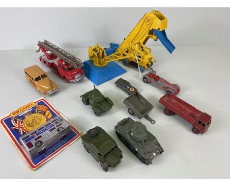 Dinky Toys, collection of play worn vehicles cars trucks and cranes military, fire truck  and three non dinky items 