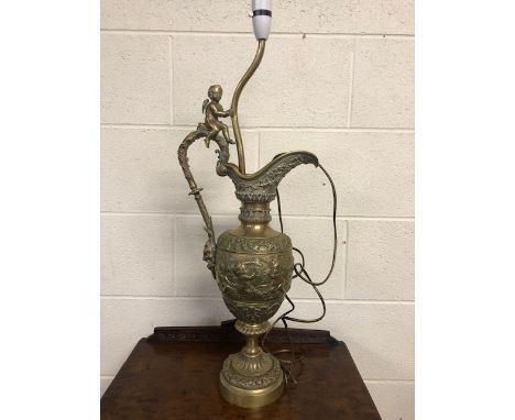 Vintage Lighting, heavy brass 20th century table lamp in the design of a classical Roman inspired wine jug, decorated overall