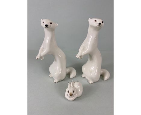 Collectable China, three vintage Lomonosov USSR animal figures, two white otter figures and a small rabbit all with trademark