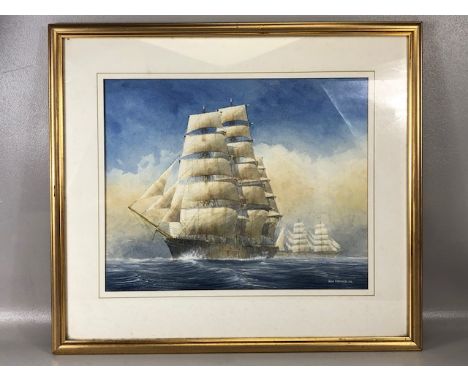 Paintings, vintage painting of tall ships being the Cutty Sark in the forefront, signed Ron Farmer dated 04 framed and glazed