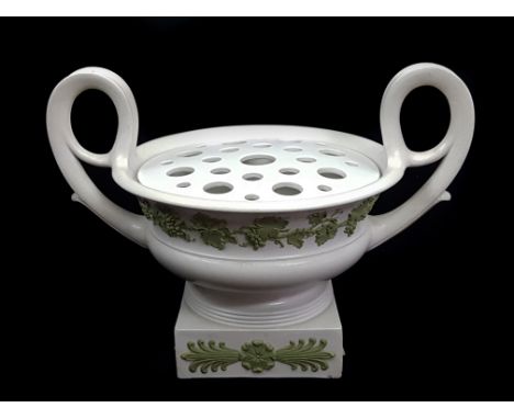 A Wedgwood white smear glaze crater urn and cover, early 19thC, high loop scroll handles, sprigged with fruiting vines and st