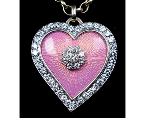 A diamond a pink guilloche enamel heart form brooch/pendant and chain, the pendant set with a flower form diamond centre of 9