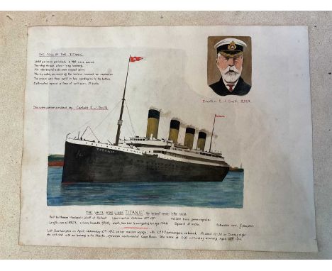 TITANIC INTEREST; a contemporaneous watercolour showing the vessel with a portrait of Captain Smith and hand written details,
